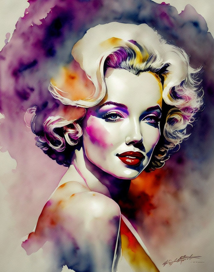 Vibrant 1950s style woman portrait with colorful watercolor splashes