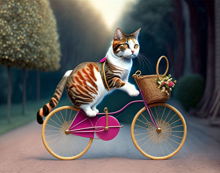 Tabby cat on pink bicycle with flower basket in digital art