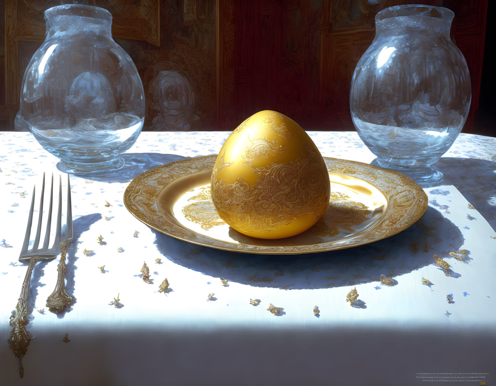 Golden egg on decorative plate with gilded cutlery and vases on table