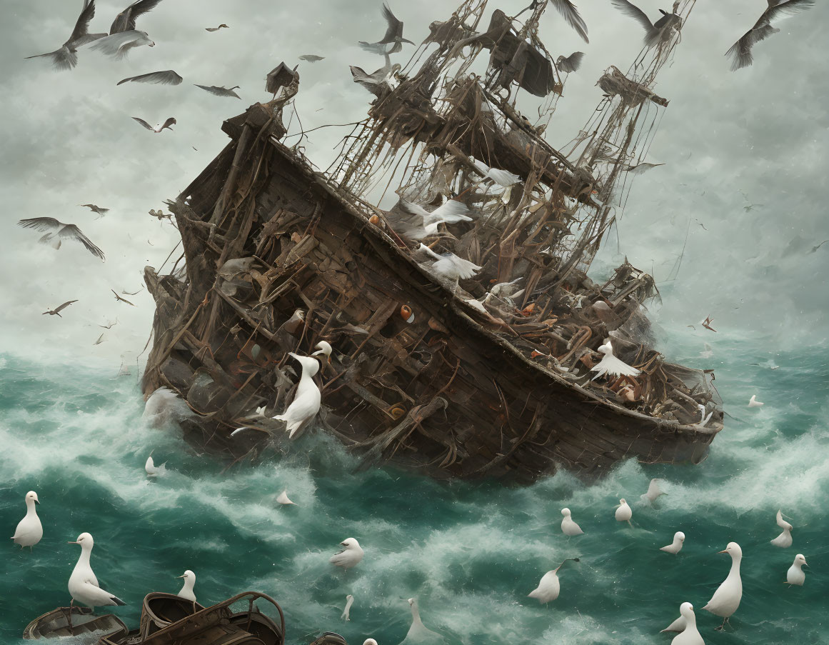 Weathered pirate ship in turbulent seas with seagulls under stormy sky