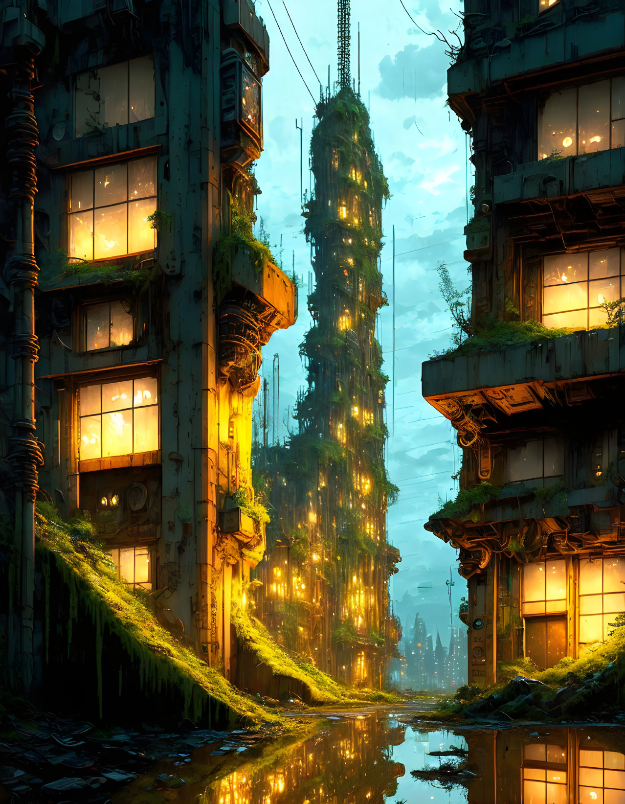 Dystopian cityscape at dusk with overgrown buildings and glowing windows.