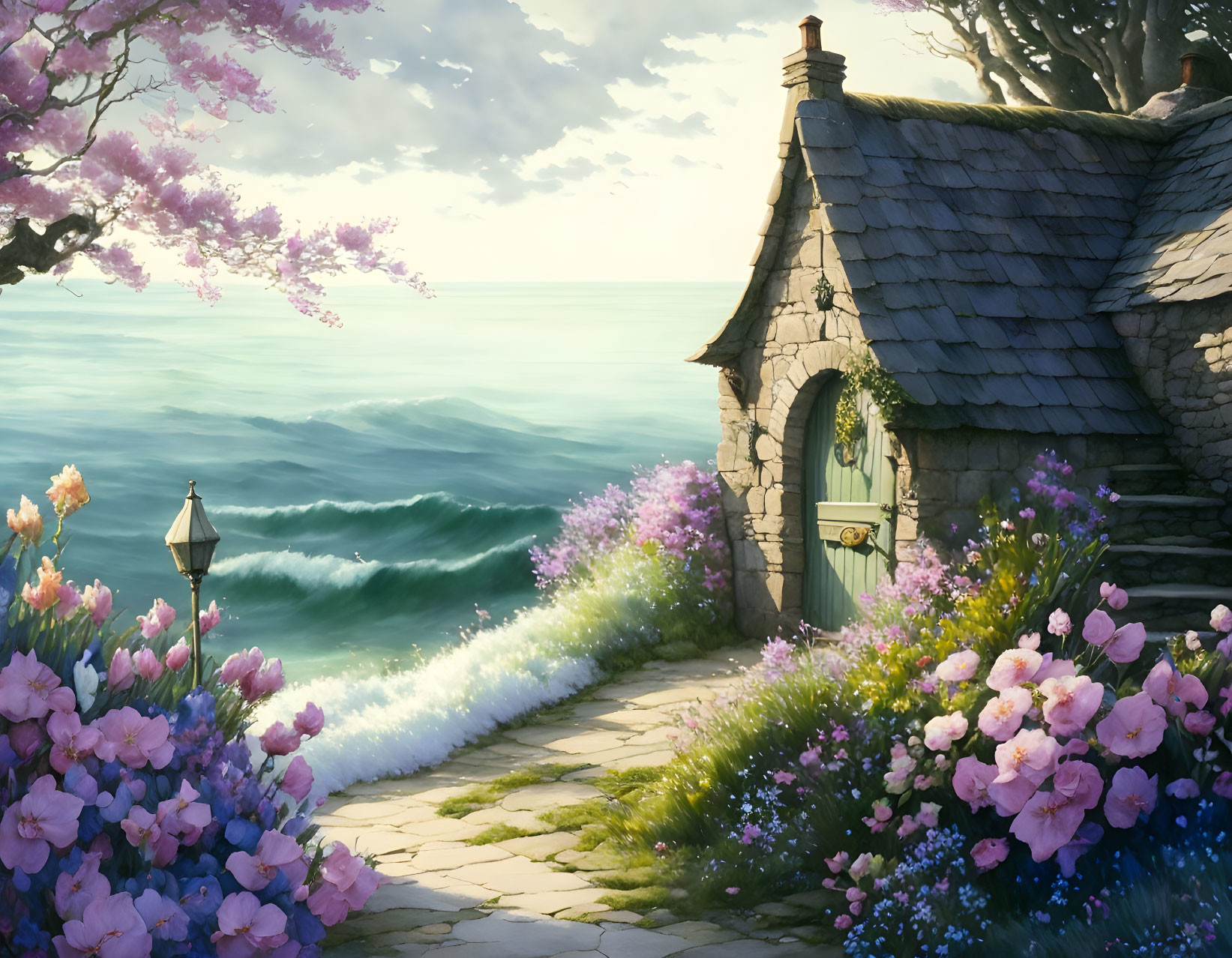 Charming stone cottage by the sea with cherry blossom tree and blooming flowers