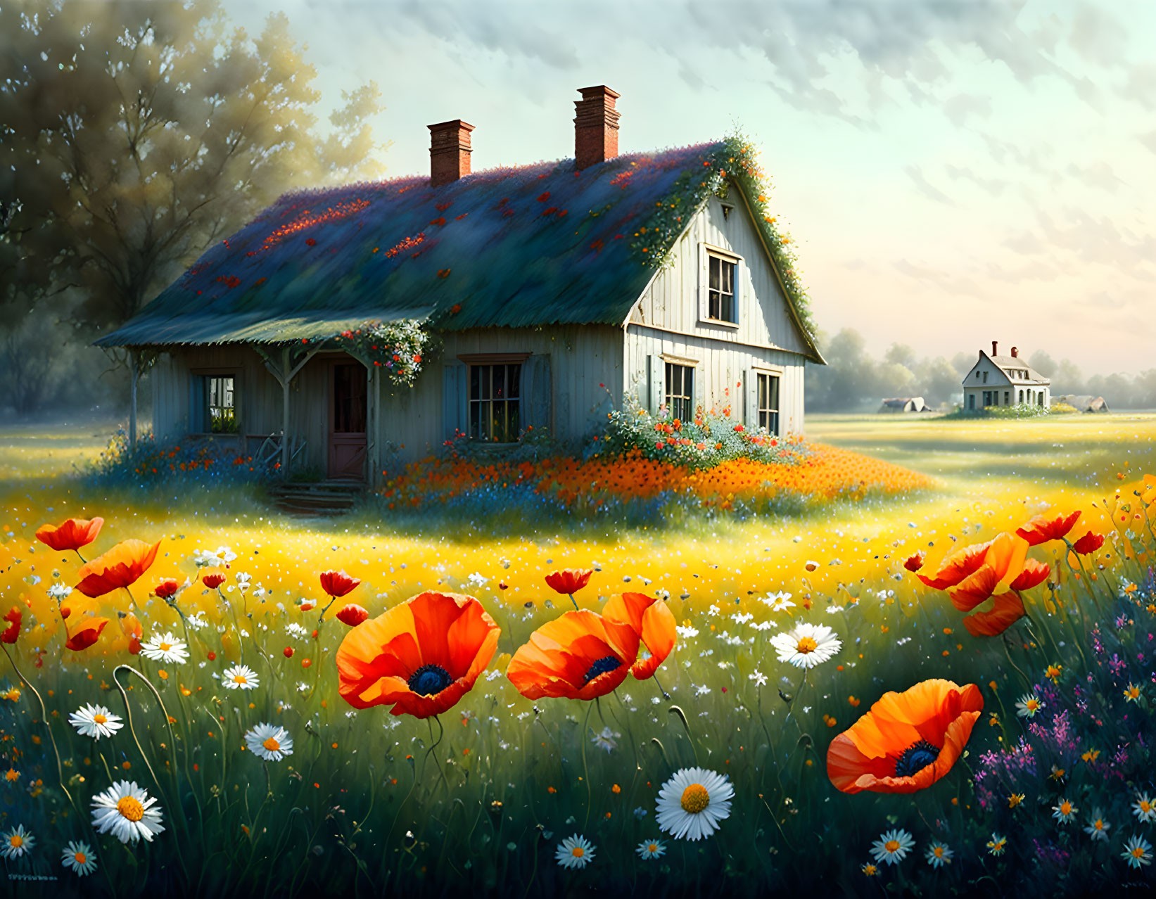 Cozy cottage in lush meadow with red poppies at sunrise or sunset