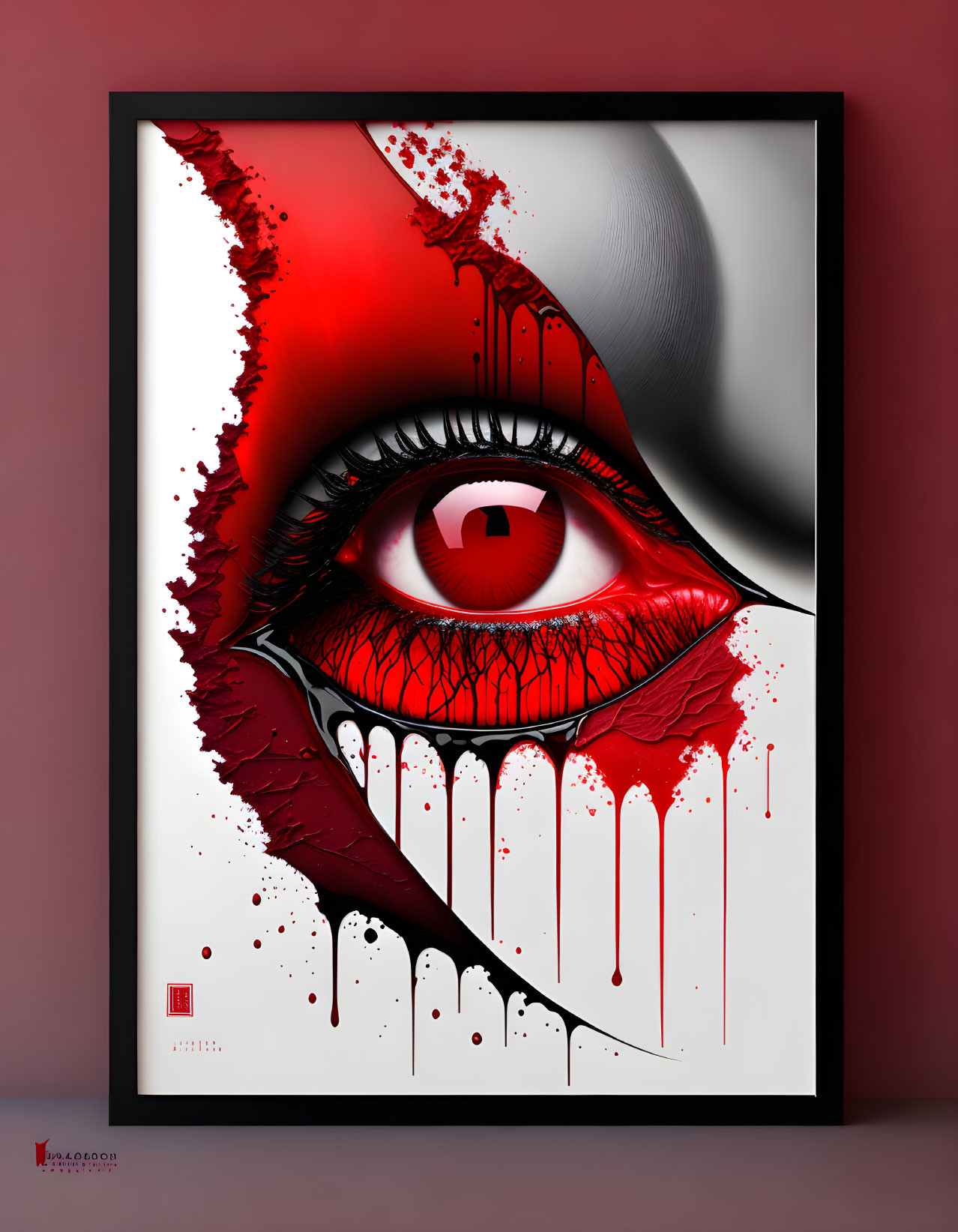 Vivid Red Eye Artwork with Dripping Blood-like Elements