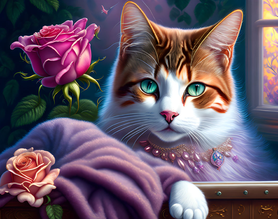 Regal Fluffy Cat with Blue Eyes and Jewelry Beside Window and Roses