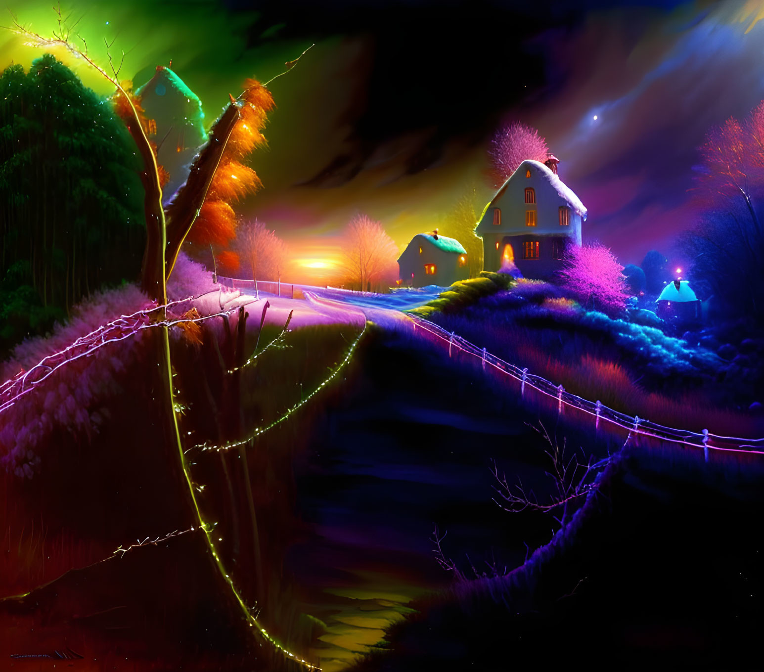 Colorful nighttime landscape with illuminated houses, glowing path, and aurora lights