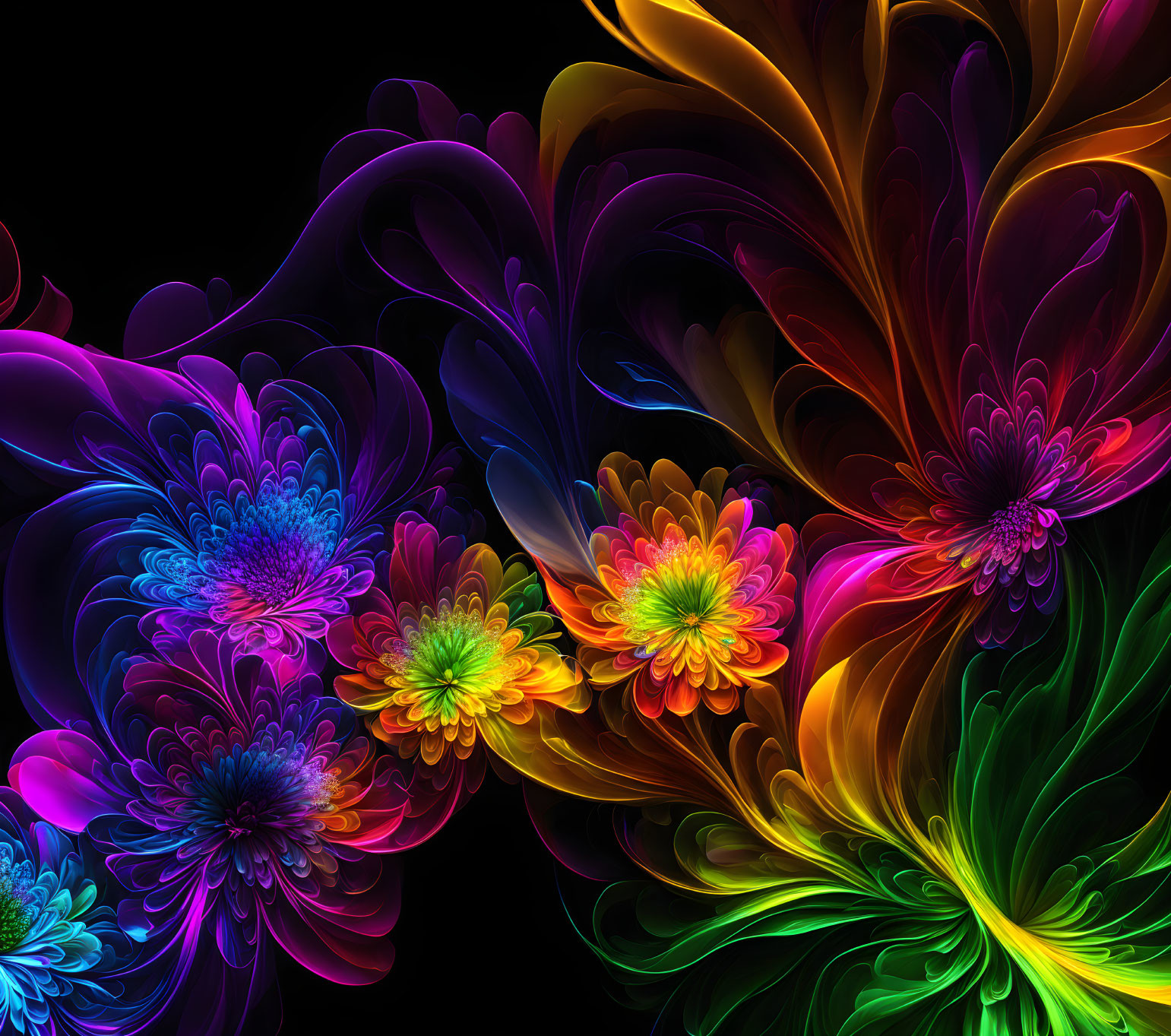 Neon flowers digital art: vibrant, luminous petals in a psychedelic bouquet.