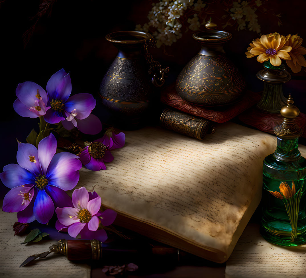 Classic Still-Life with Antique Book, Purple Flowers, Brass Vessels, and Green Glass Bottle