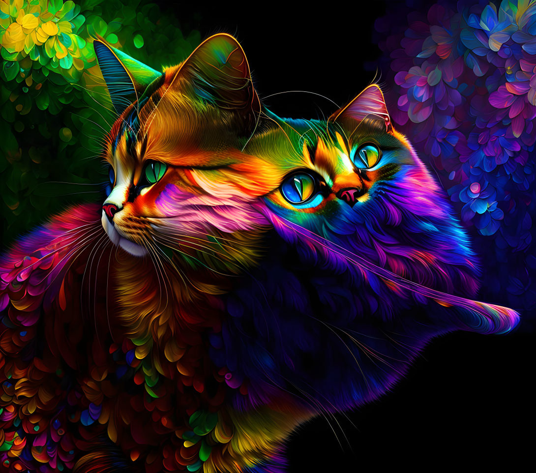 Colorful neon cats in dark digital art with glowing eyes