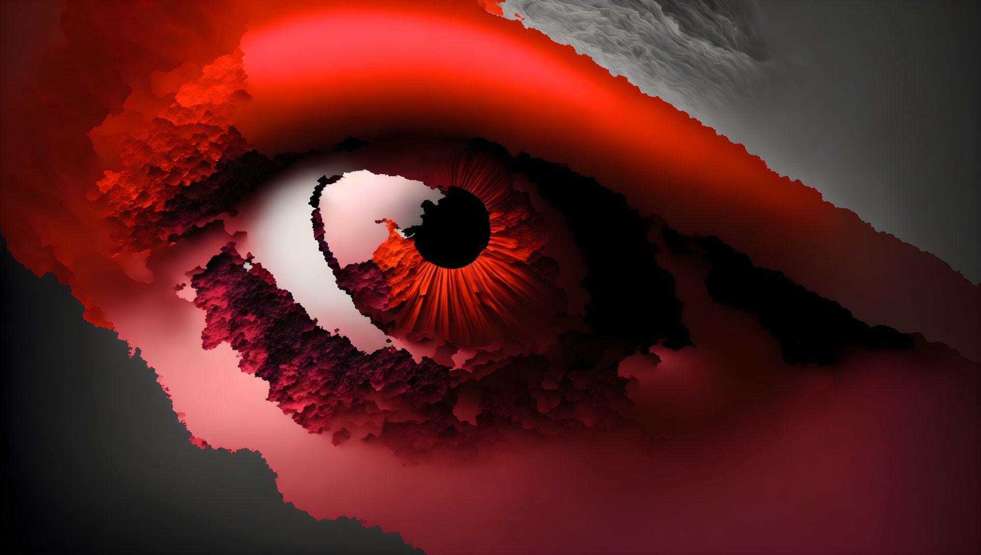 Abstract digital art: stylized eye in vivid red and black with dynamic shapes on shadowy backdrop