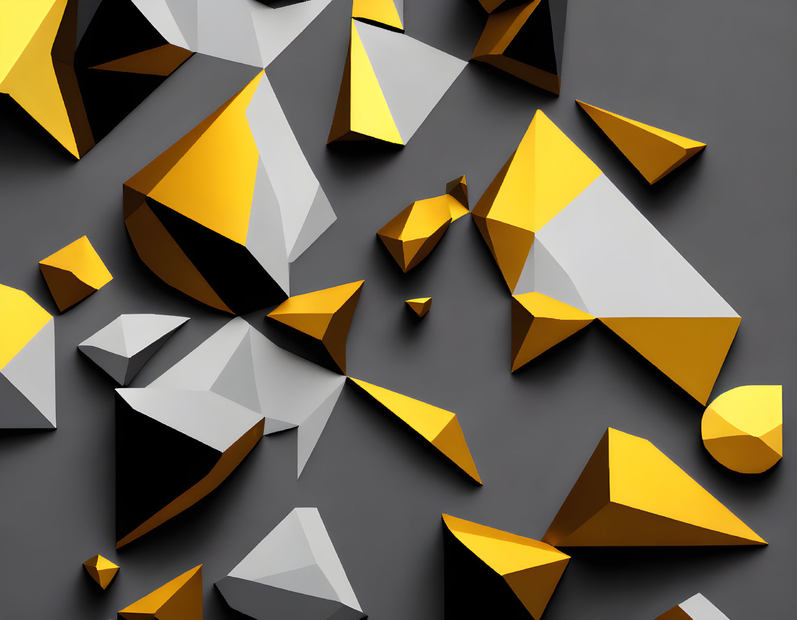 Abstract 3D Composition: Floating Geometric Shapes in Gray, Black, and Yellow Tones