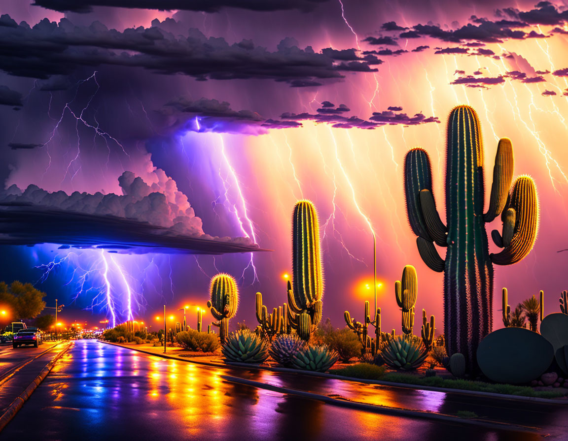 Vibrant lightning strikes in dramatic desert thunderstorm