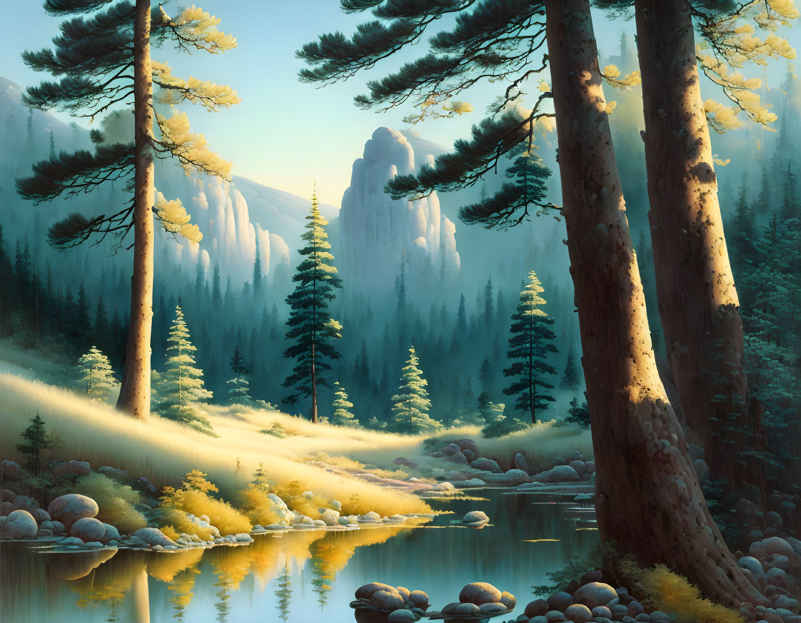 Tranquil forest landscape with sunbeams, stream, pines, and rocks