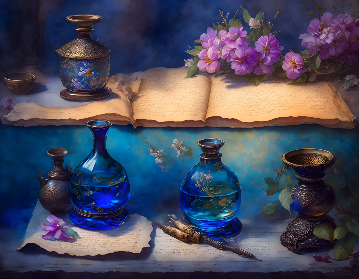 Vintage artistic ambiance with open book, colorful flowers, inkwells, quill, and metallic objects