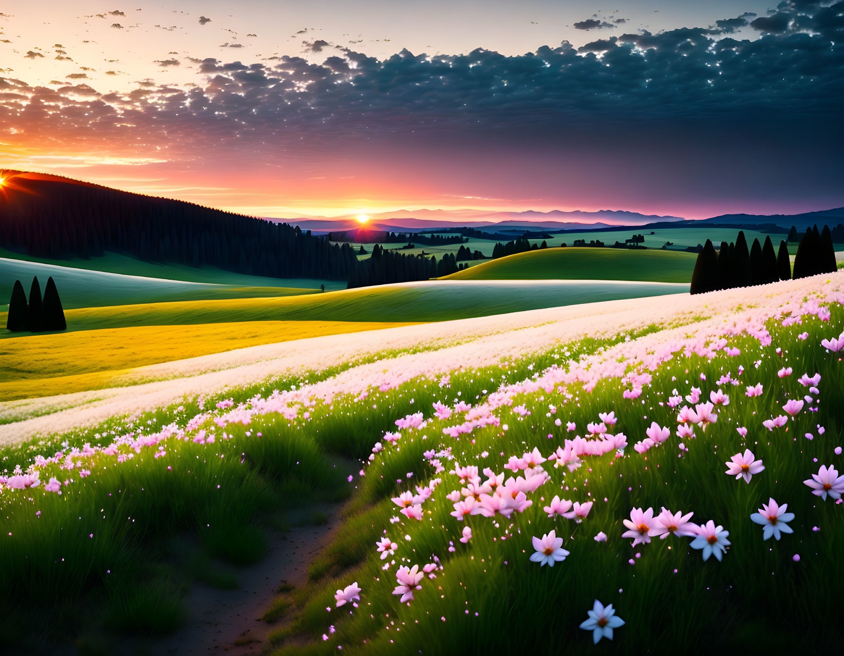 Vibrant sunset colors over rolling hills and blooming pink flowers