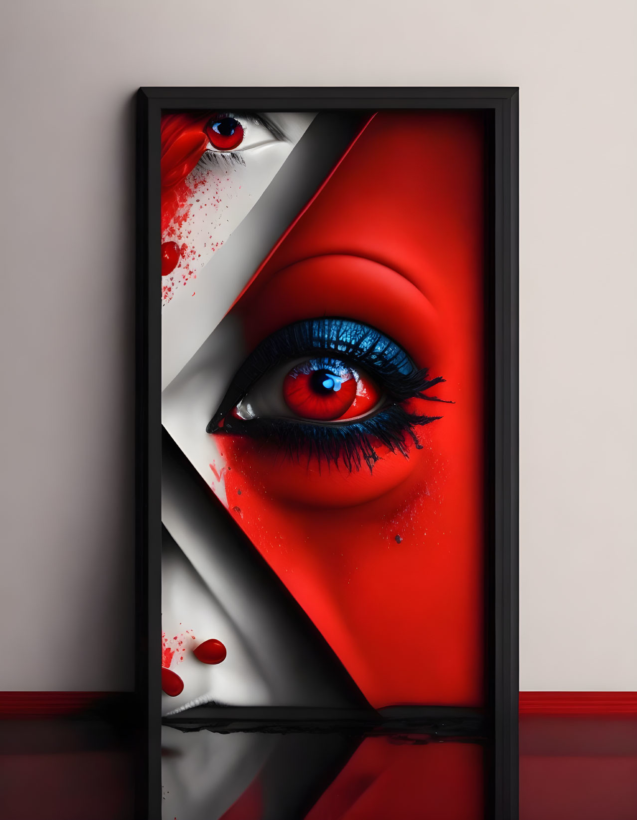 Eye graphic with red and white contrast and blood droplets.