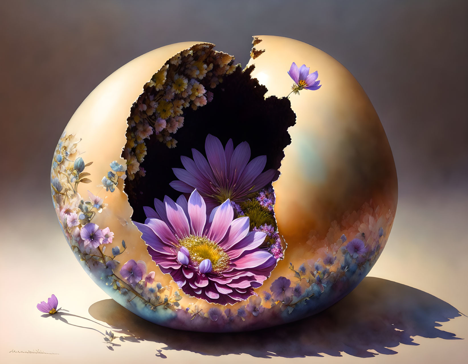 Surreal golden sphere with floral decorations