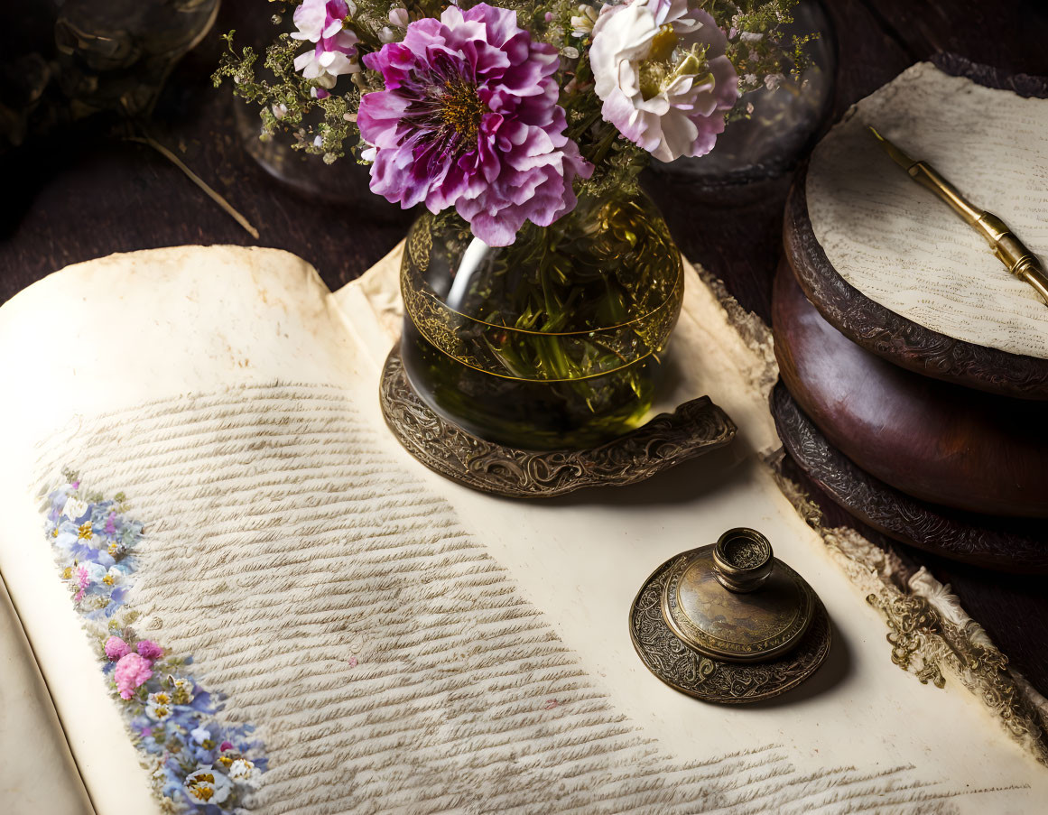 Vintage desk setup with antique book, inkwell, flowers, and quill pen