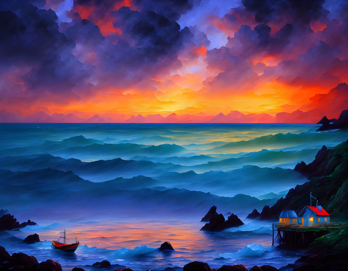 Colorful seascape with fiery sunset sky, blue waves, boat, and cliffside house