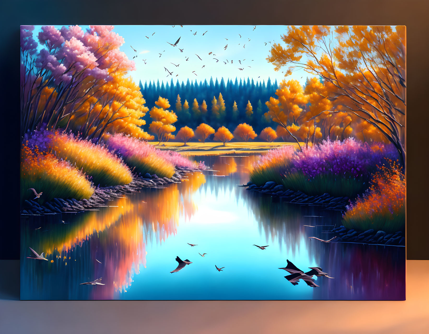 Colorful Autumn Trees and River Scene with Birds Reflections