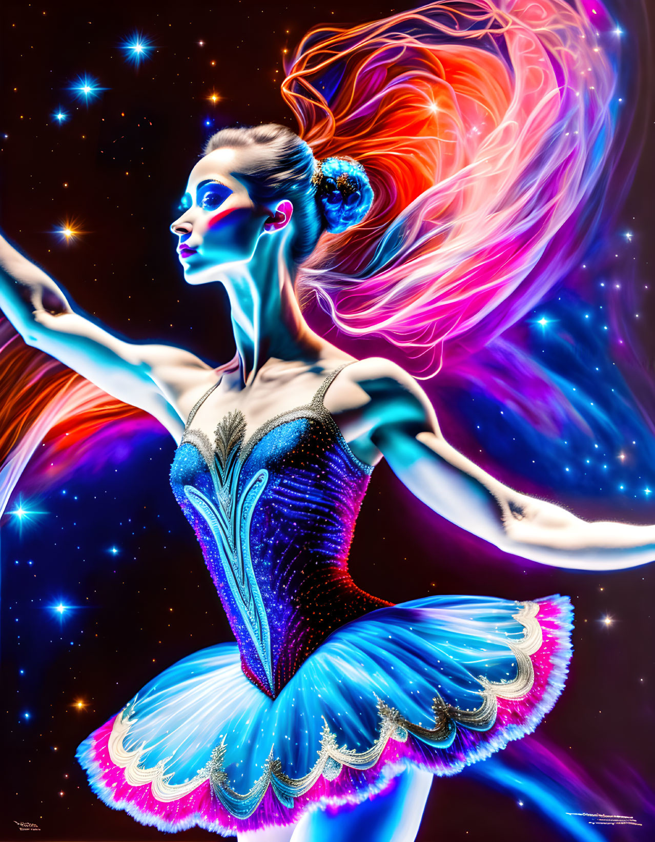 Ballet dancer with cosmic body art in surreal space setting