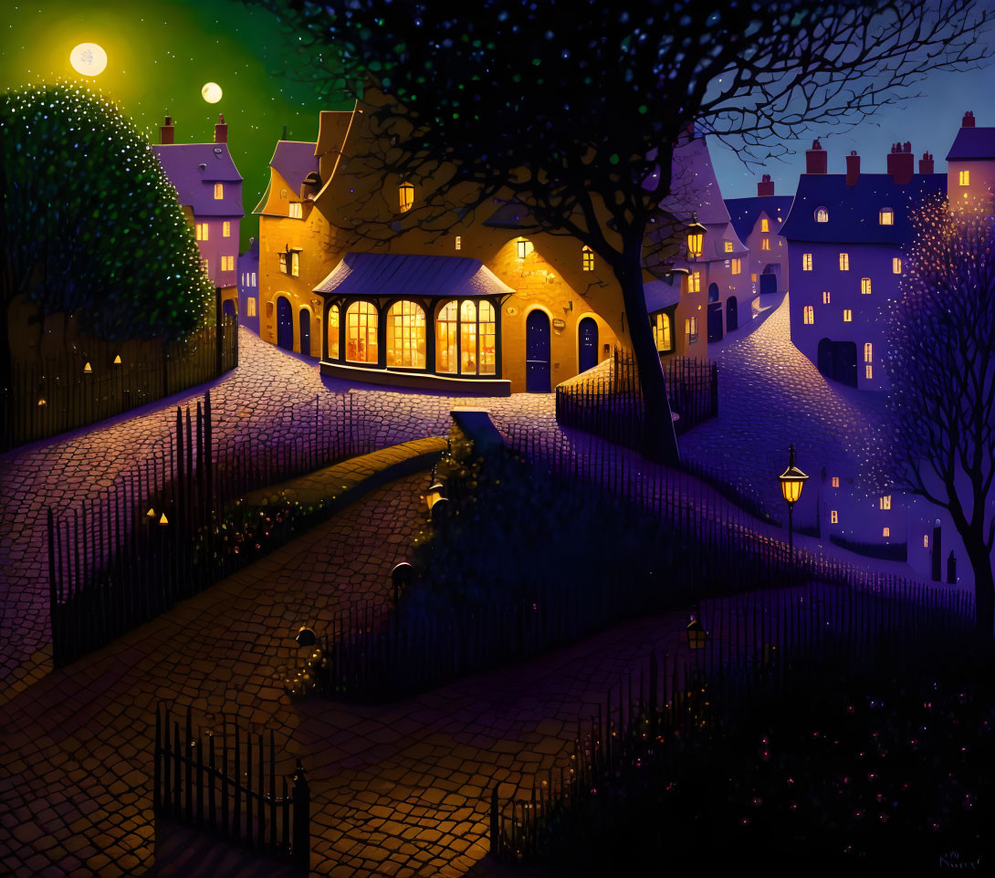 Vintage house and cobblestone paths in enchanting night scene