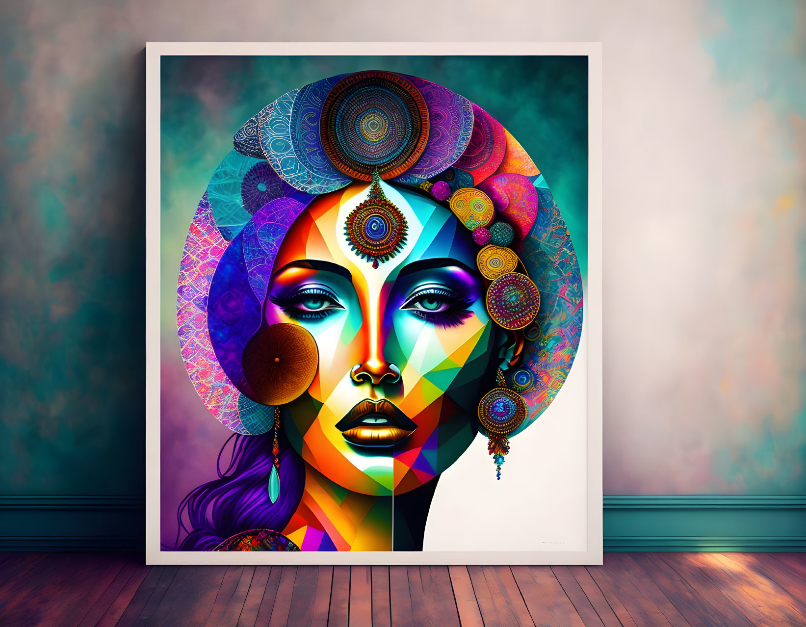 Colorful portrait of a woman with geometric patterns and mandala designs against vintage wall