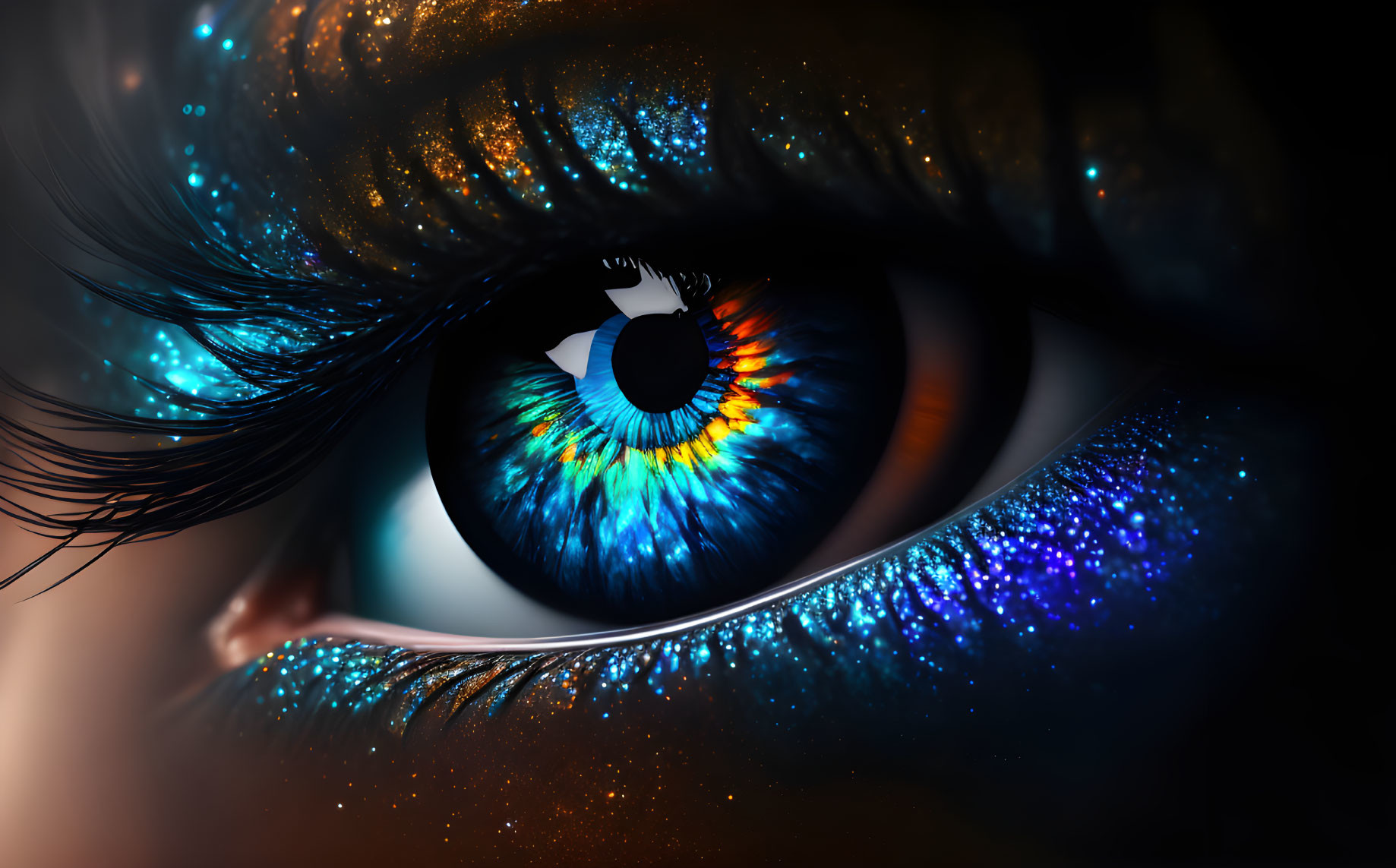 Detailed close-up of vibrant blue eye with glittery makeup and cosmic reflection