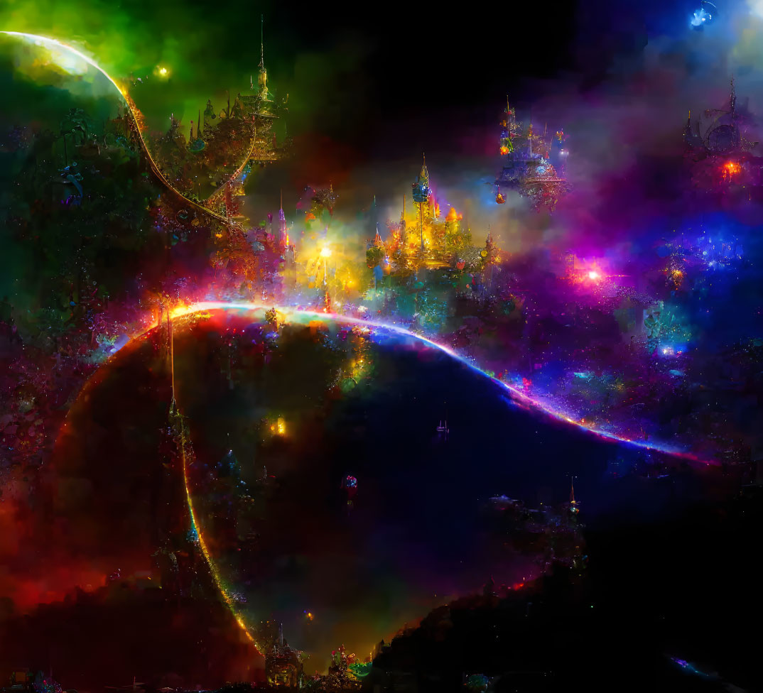 Colorful cosmic scene with whimsical castle-like structures and glowing pathways