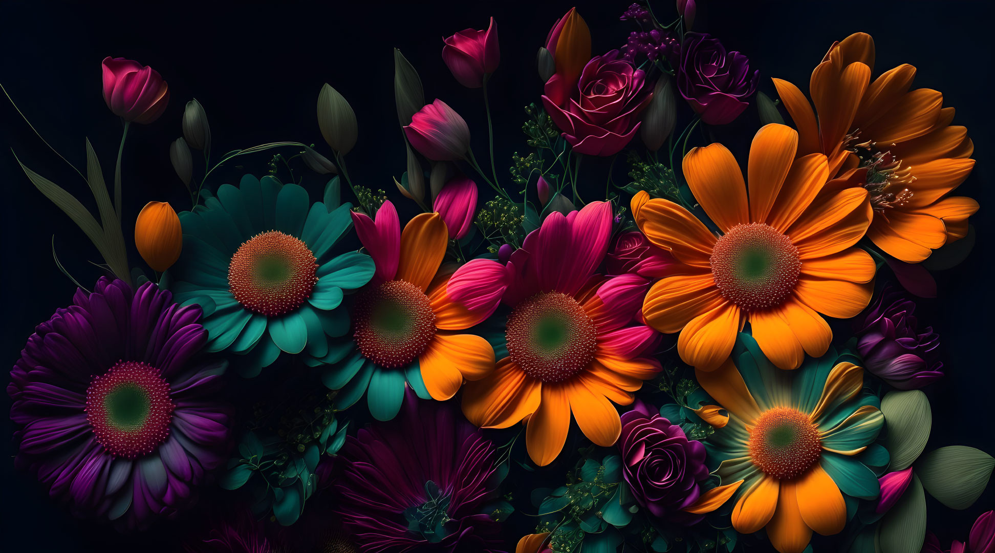 Colorful Flower Arrangement with Roses, Daisies, and Tulips on Dark Background