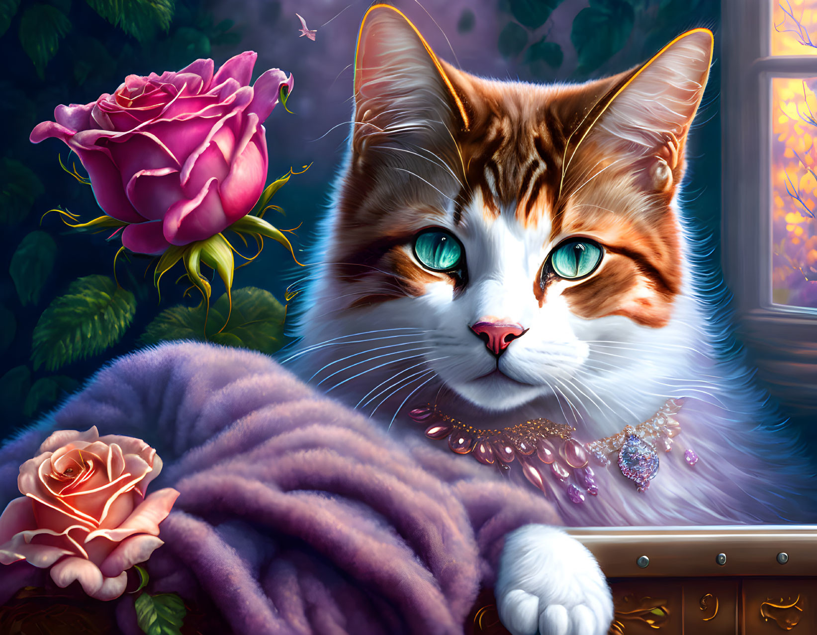 Majestic cat with blue eyes and jewels beside pink rose in natural setting