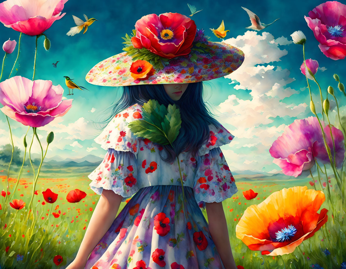 Girl in floral hat surrounded by poppy field and butterflies
