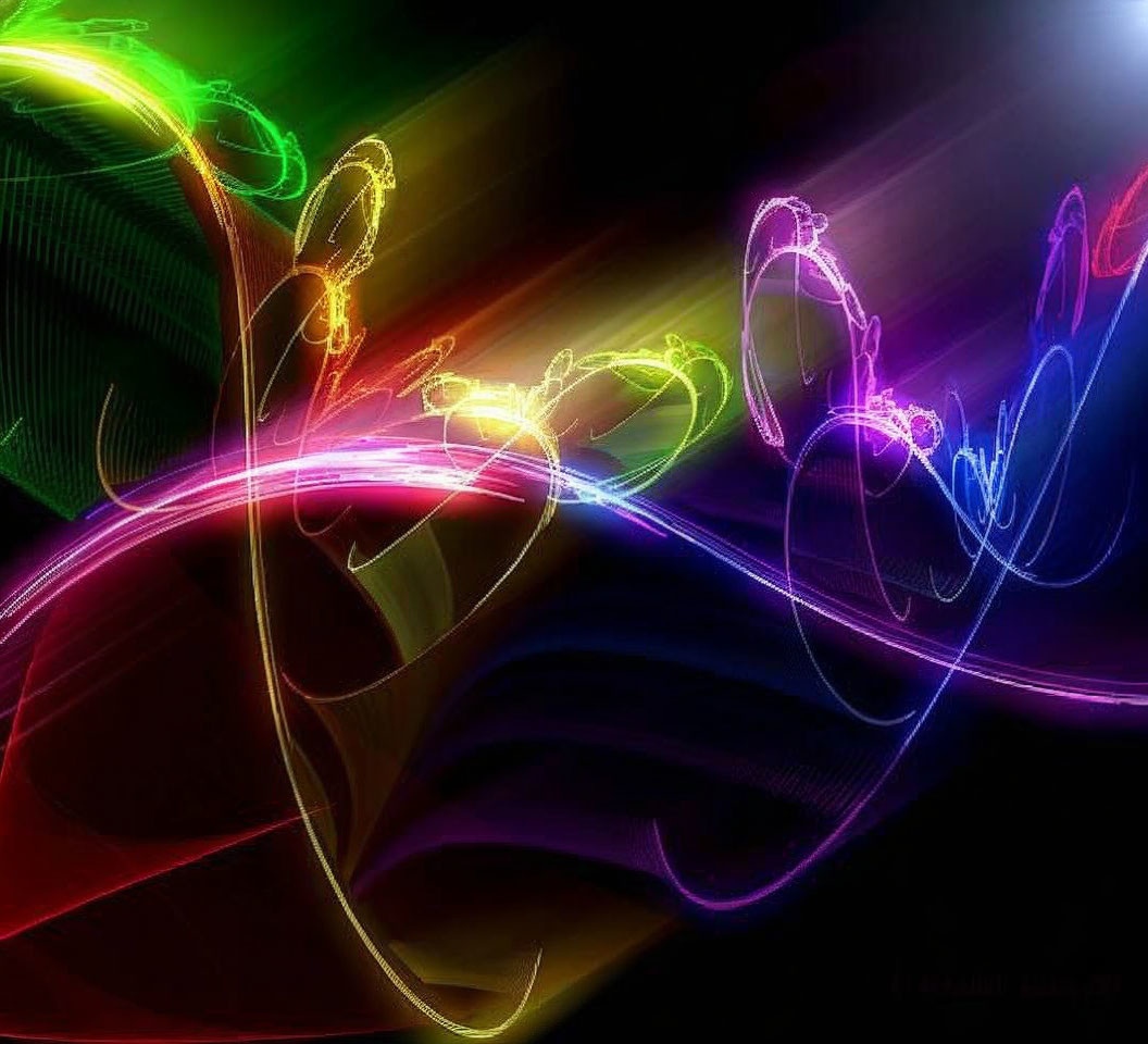 Vibrant abstract swirl pattern with colorful light trails on black background