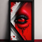 Eye graphic with red and white contrast and blood droplets.