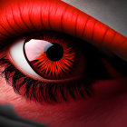 Abstract digital art: stylized eye in vivid red and black with dynamic shapes on shadowy backdrop