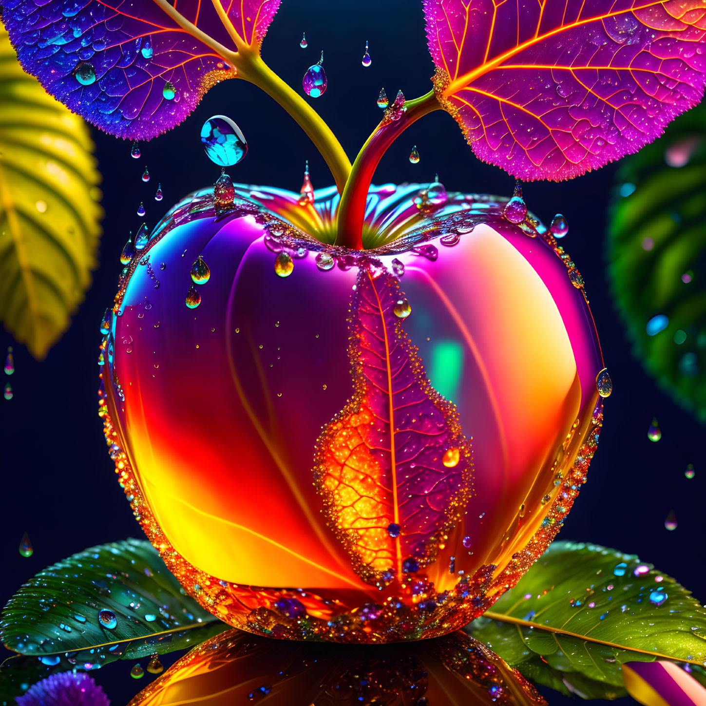 Colorful apple with dewdrops and leaves in fantasy image