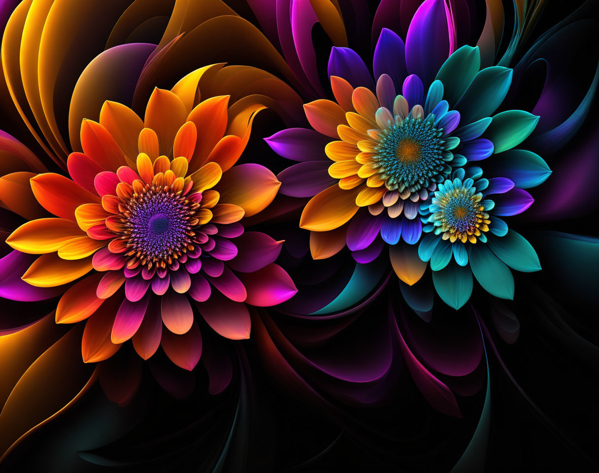 Colorful Stylized Flowers on Dark Gradient Background