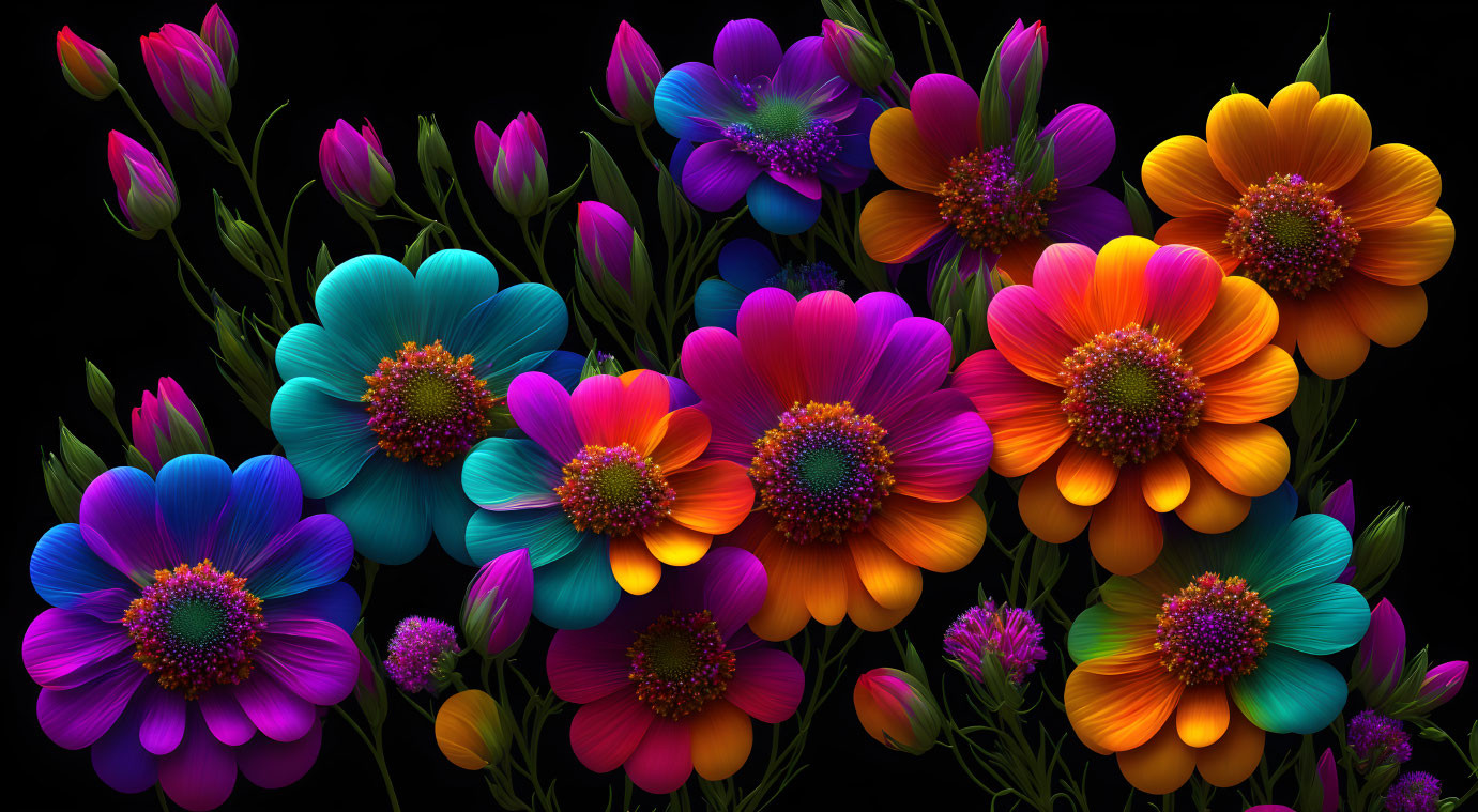 Colorful Flowers in Blue, Purple, Pink, and Orange on Dark Background