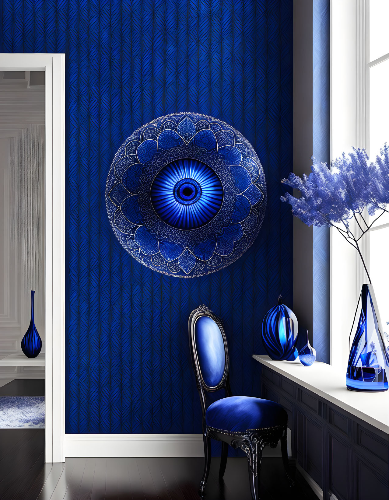 Deep Blue Mandala Wall Art in Room with Blue Decor