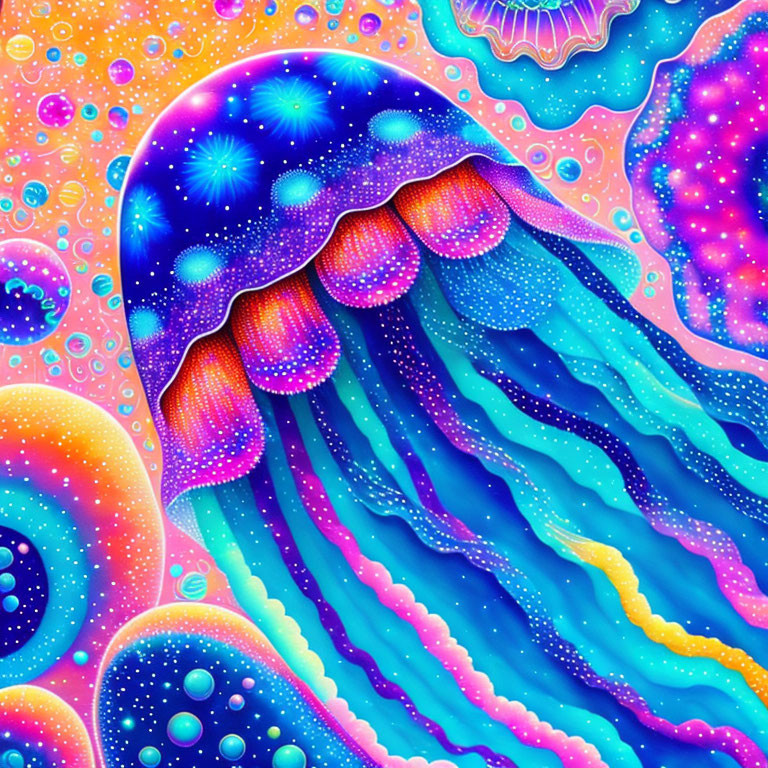 Colorful Psychedelic Jellyfish Illustration in Underwater Scene