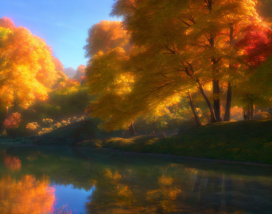 Tranquil lake with autumn foliage in golden and red hues