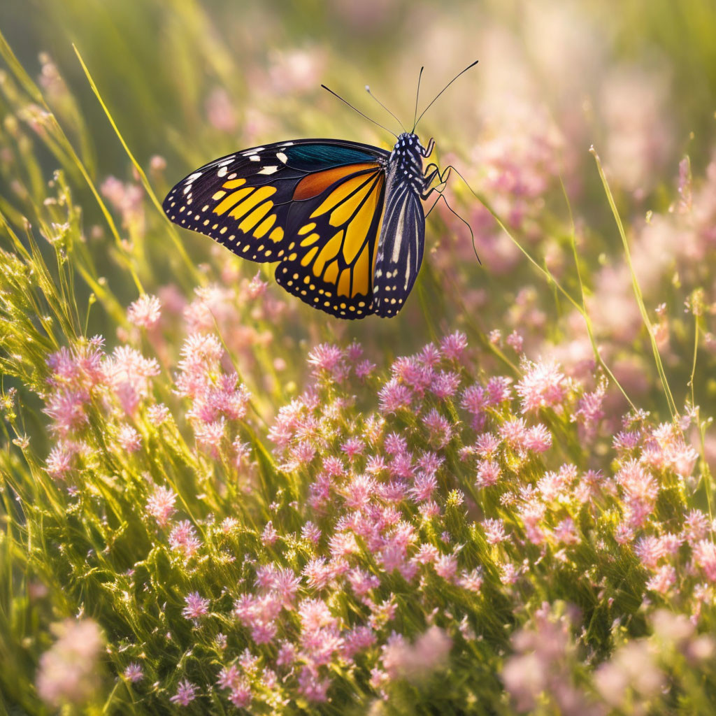 Monarch butterfly on pink flower in sunny field