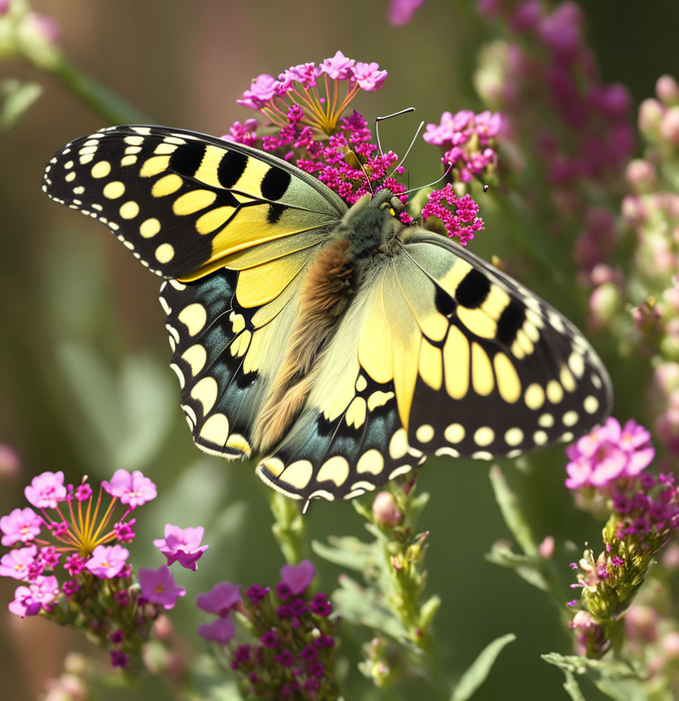 Colorful Butterfly Resting on Pink Flowers with Soft Background