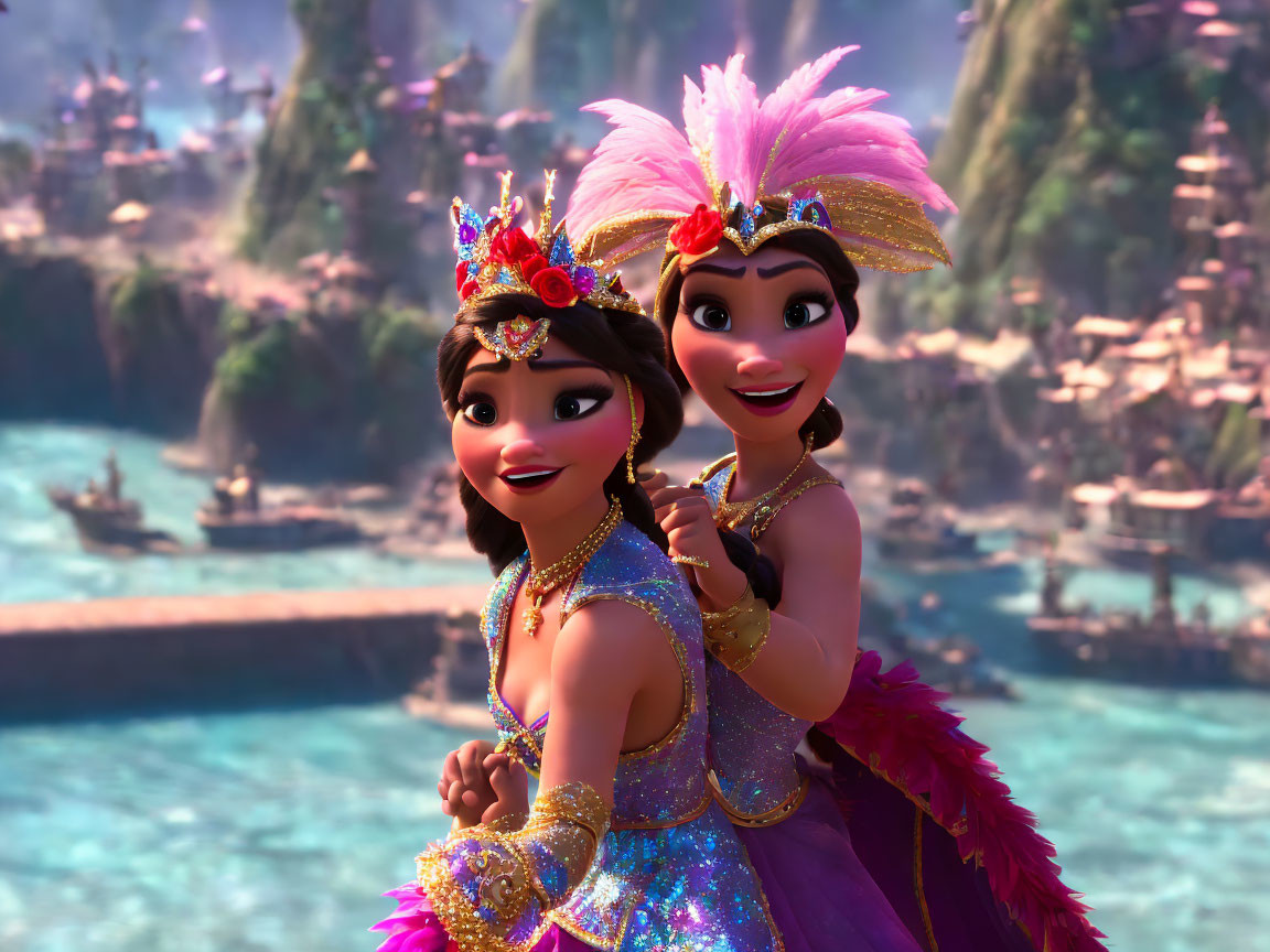 Vibrant animated princesses in colorful costumes with tiaras, set against whimsical village backdrop.