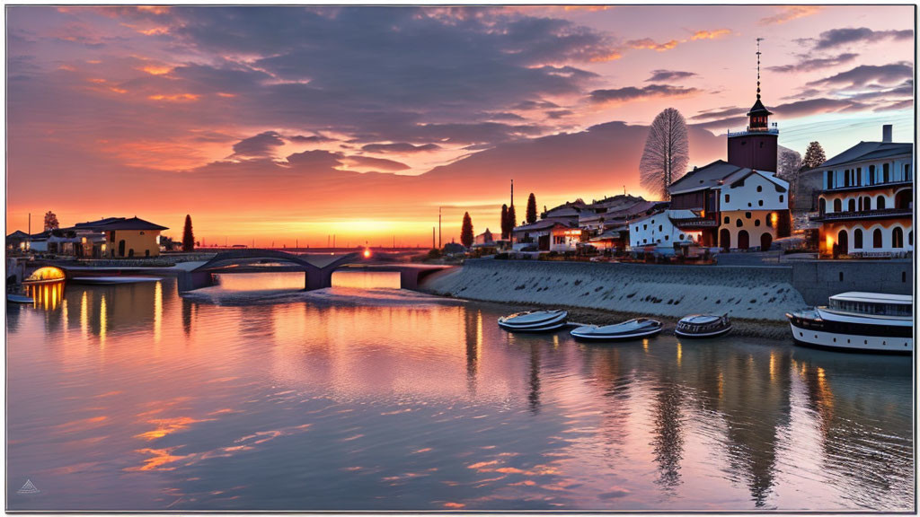 Scenic sunset view of river with boats, bridge, and buildings under vibrant sky.