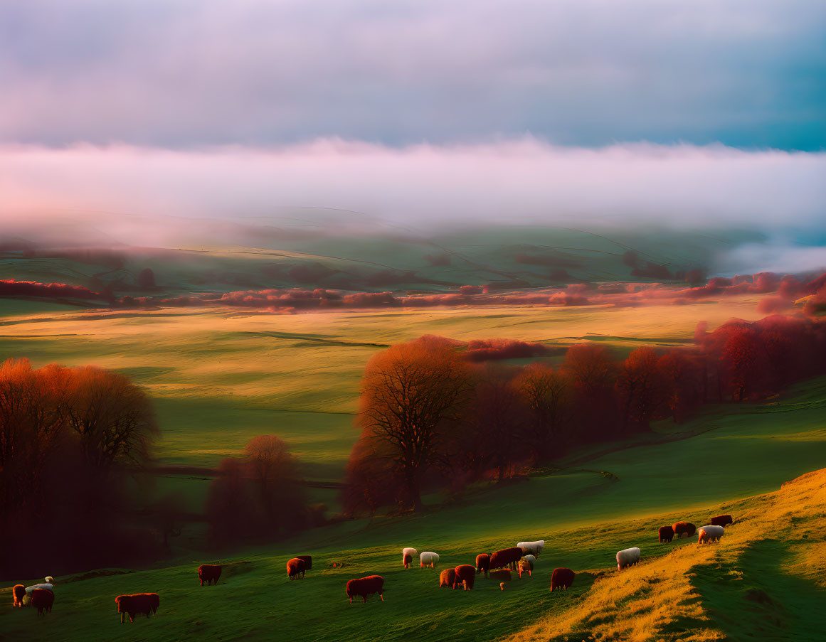 Picturesque landscape with rolling hills, sheep grazing, and vibrant red trees under dramatic sky