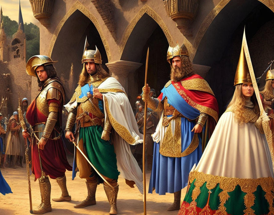 Medieval royalty and warriors in elaborate costumes with castle backdrop