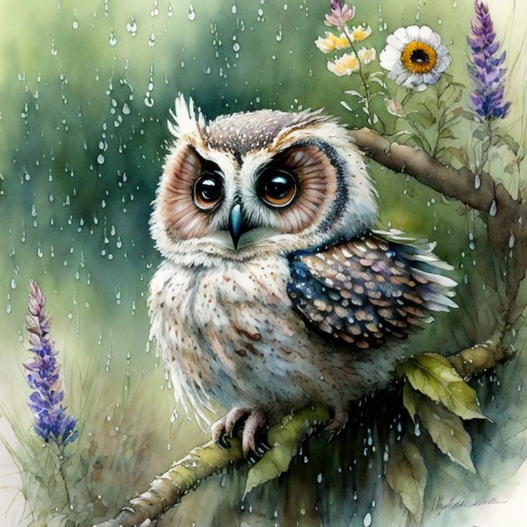 Illustrated owl perched on branch with large eyes, amidst greenery and raindrops.