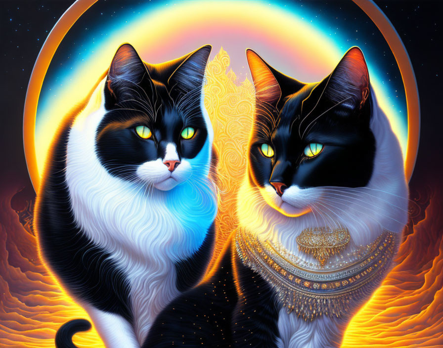 Stylized black and white cats with glowing eyes in gold on cosmic background