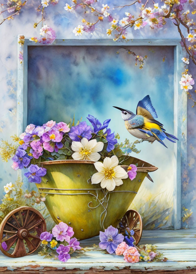 Blue and Yellow Bird Flying Near Flower Cart and Blossoming Tree